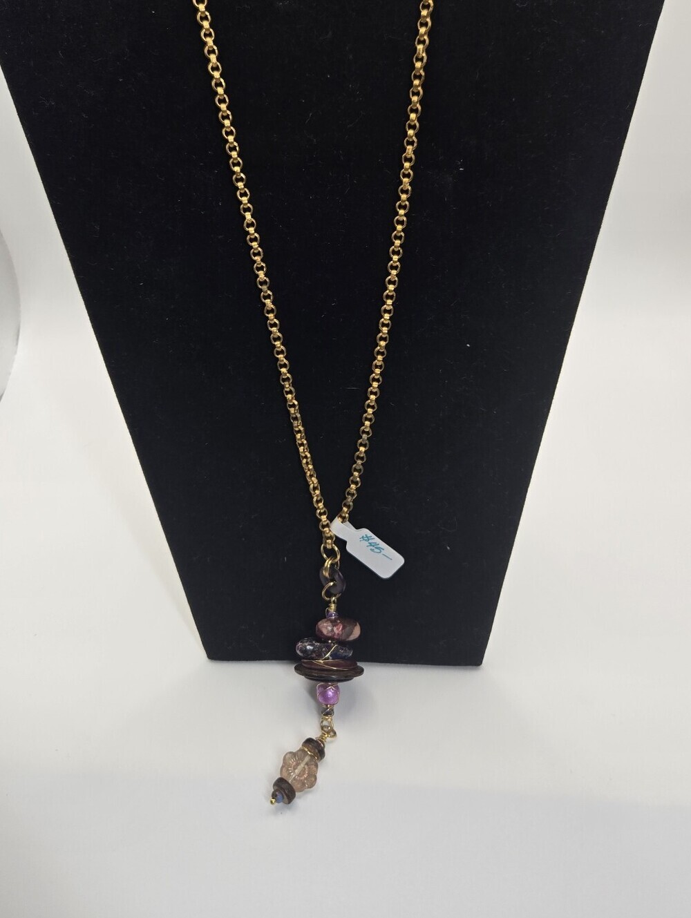 Purple Floral And Stone With Vintage Chain Necklace Artisan Made